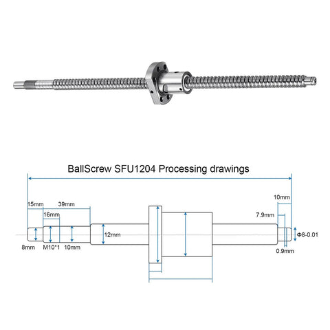 SFU1204 Ball Screw Kit 12mm Dia 4mm Lead 350mm Long With Ball Screw Nut Anti Backlash End Machining For BK BF12 CNC Machines diagram