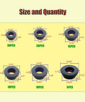 Diagram showing size and quantity of 100 Piece Silicone T Type Rubber Grommet Kit Six Sizes