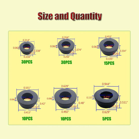 Diagram showing size and quantity of 100 Piece Silicone T Type Rubber Grommet Kit Six Sizes
