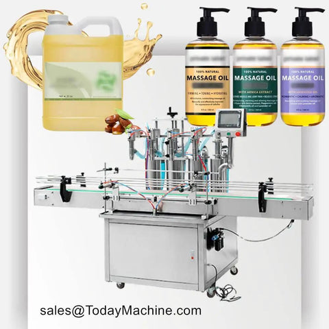 Fully Automatic Liquid Filling Capping And Labeling Machine For Honey Juice Oil Bottles with oil containers and massage oils.