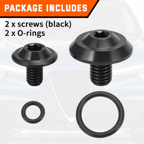 Upgraded Titanium Coolant Bleeder Screw Kit With O Ring In Black Finish For Alfa Romeo Giulia Stelvio 2.0T 2.2 JTDm And 2.9L Twin Turbo V6 Engines Easy Install Durable Metal Hardware For A Leak Free Cooling System showing 2 screws and 2 O-rings