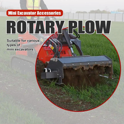 Rotary plow attachment for mini excavators on grass field