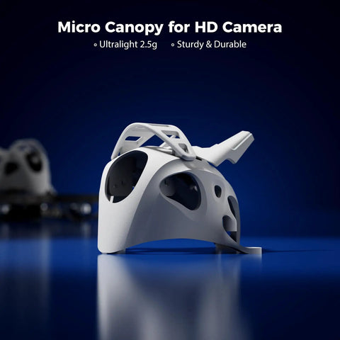 Micro canopy for Meteor75 Pro P1 1S Cinewhoop Drone, shown in white, designed for HD camera support. Compact and sturdy.