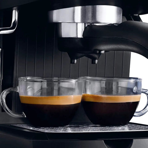 Espresso Machine 15 Bar 1100W With Milk Frother Steam Wand Cappuccino Latte Mocha Maker brewing two shots with crema