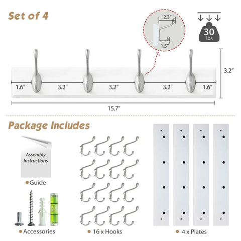 White Wall Mount Coat Rack 4 Pack With 16 Hooks The Go To Key Holder And Bag Hanger dimensions and package contents