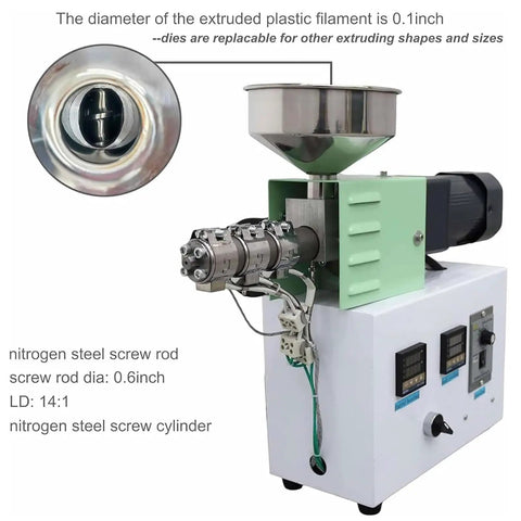 Heavy Duty 3D Printer Filament Extruder Machine For Crushing And Rolling Your Own PLA ABS PETG And TPU Scrap Into Fresh Spools with detailed nozzle view.