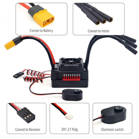 Brushless RC Motor And 110A ESC Combo With 3665 2750KV Waterproof IP67 Upgrade showing connectors and electronic switch