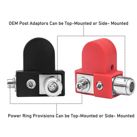 Two Pack Solid Brass Battery Terminal Clamps With Adaptor Collars For Positive Or Negative Posts, Top Or Side Mount, OEM Ready, No Cutting Required, Heavy Duty Car Truck Boat Marine Battery Terminals, top and side view