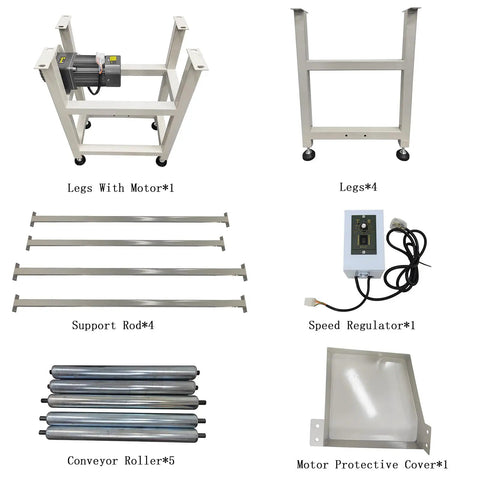 Heavy Duty PVC Conveyor Belt System With Aluminum Frame components, including legs, support rods, rollers, speed regulator, and motor cover.