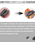 14 Pin DIP IC Socket Dual Row With Tin Plated Contacts Black Thermoplastic Body showing chip insertion process.