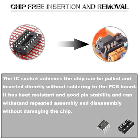 14 Pin DIP IC Socket Dual Row With Tin Plated Contacts Black Thermoplastic Body showing chip insertion process.