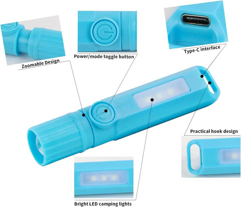 3 Pack USB C Rechargeable Mini LED Flashlights with Sidelight Lantern showcasing zoomable beam, power button, and type-C interface.