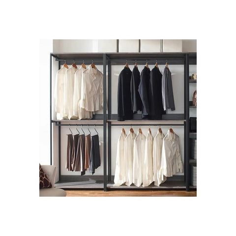 Modern Walk In Closet Organizer System With Wood And Metal Frame Featuring Weathered Panels And Straight Up Solid Build For Super Roomy Wardrobe Storage And Easy Peasy Closet Organizing