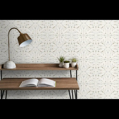 Workhorse Symmetrical Wallpaper With Pvc Free Type Ii Rating And Matte Texture Boasting Sturdy Linen Vibes for busy kitchens and bathrooms displaying a wooden shelf.