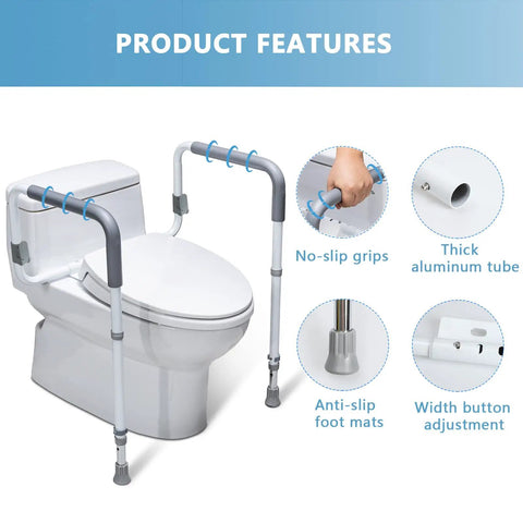 Built Heavy Duty Bathroom Safety Rail For Seniors Featuring Height And Width Adjustable Handles With Thick Padded Foam Grip For Rock Solid Stability Up To 350 Lbs With Zero Drama Installation on toilet with no-slip grips.