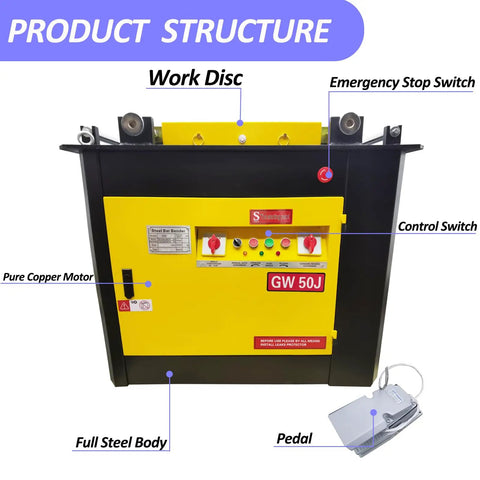 Heavy Duty Electric Rebar Bender Plus Bar Bending Machine 220V 3 Phase 4000W Motor control panel showing work disc, switches, and pedal.