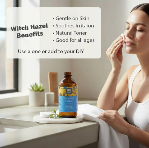 Alcohol Free Witch Hazel Distillate Face Toner With Fragrance Free Natural Astringent in 8oz bottle and user applying on face