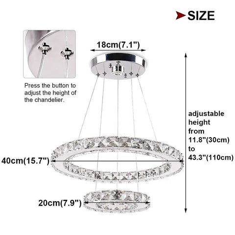 2 Ring Crystal LED Chandelier Pendant Light In Chrome, Dope Modern DIY Adjustable Multi Ring Ceiling Fixture, dimensions shown