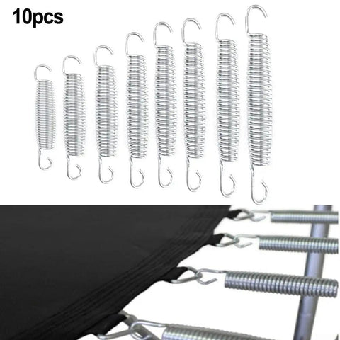 Super Heavy Duty 10-Pack Steel Extension Springs With 50kg Load Capacity Perfect For Garage Doors Ramps Tractors And Agri Machinery Without Losing Elasticity Made From Premium High Carbon Steel For Tough Jobs displayed in a line with hooks.