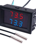 Dual LED Digital Thermometer with Fahrenheit or Celsius readouts, showing 73.5 and 73.3, with two waterproof NTC probes.