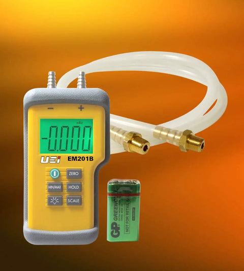 EM201B Dual Input Differential Manometer With 40 Inch Water Gauge Beefy Metal Fittings Auto Power Off Data Hold Backlit Display Min Max Tracking And Scales For Pascal Pa KPa Mbar And PSI, digital gauge with hoses