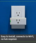 Smart WiFi Plug 2nd Gen For Home Automation No Hub Needed Plug And Play Works With Matter Alexa Google Assistant And Apple HomeKit Siri Easy Setup To Control Lamps And Small Appliances From Anywhere D215P-2RW White plugged into wall outlet.