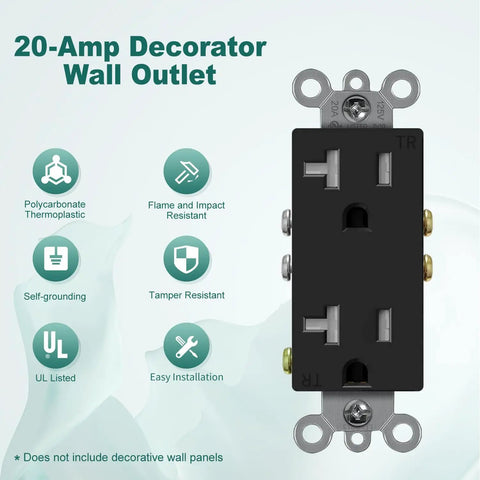 Decorative Receptacle Outlet, Tamper Resistant Decorator Wall Outlet, 20 Amp 125 Volt Grounding, UL Listed, Black, self-grounding