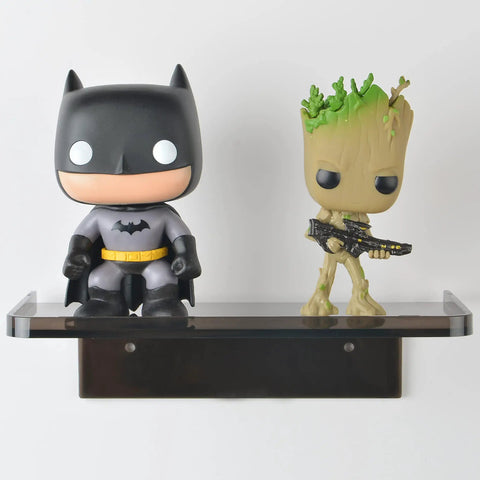 Adhesive Wall Shelf Clear Acrylic Space Saver For Bathroom Kitchen Office, Easy No Drill Mount, holding two figurines