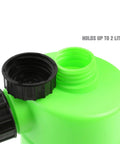 Battery Water Filler Jug With Auto Shutoff Nozzle 2 Liter Distilled Water Bottle For Lead Acid Batteries close-up of green cap