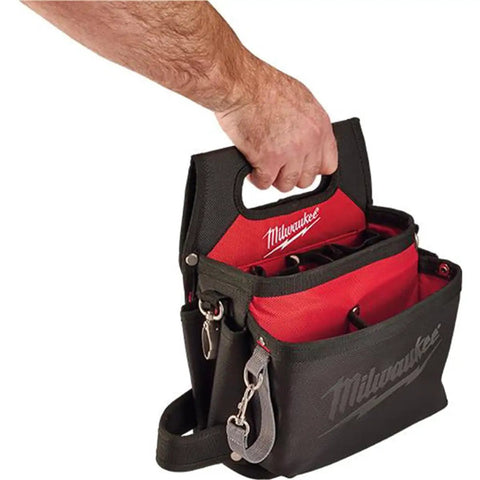 Straight Up Tough Electrician Work Pouch Made From Heavy Duty 1680 Denier Nylon With Puncture Resistant Pocket in hand.