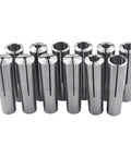 MT3 Morse Taper Collet Set One Eighth To Three Quarters Inch Bore For CNC Milling shown in twelve pieces with labeled containers