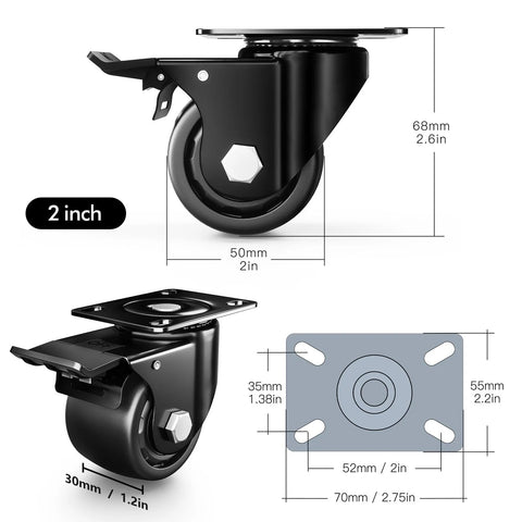 2 Inch Heavy Duty Caster Wheels Set Of 4 With Locking Swivel Plate Industrial Casters Load Capacity 2200lbs dimensions diagram