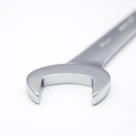 Close-up of a chrome plated wrench from the 21 Piece Jumbo Service Wrench Set Metric From 20mm To 50mm Built Tough Beefy Workhorse