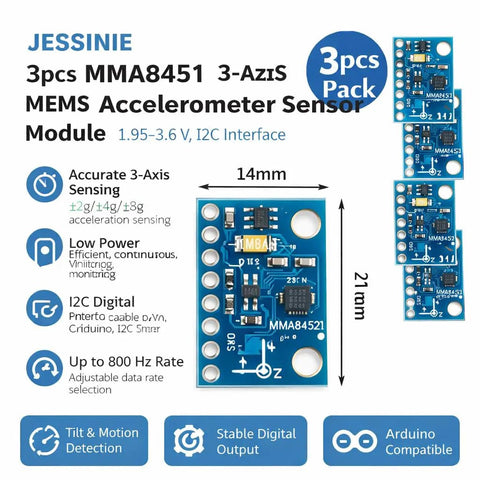 3 Pack MMA8451 3 Axis MEMS Accelerometer Sensor Module With I2C Interface 1.95 To 3.6V Range High Resolution Tilt And Orientation Sensing For Embedded Projects And Hobbyist Robotics, 14mm x 21mm