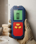 For Stud Finder Wall Scanner,5-in-1 Tester for stud Finder Metal Wire LCD held in gloved hand with wall background.
