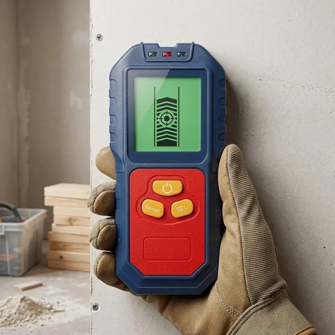 For Stud Finder Wall Scanner,5-in-1 Tester for stud Finder Metal Wire LCD held in gloved hand with wall background.