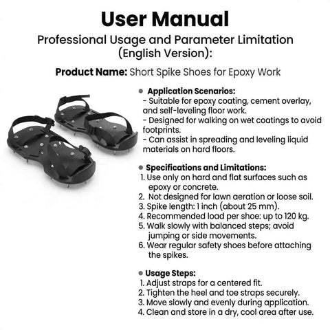 User manual for Epoxy Floor Spiked Shoes With 1 Inch Spikes, 4 Pairs For Coating, Overlay And Resin Application with adjustable straps.