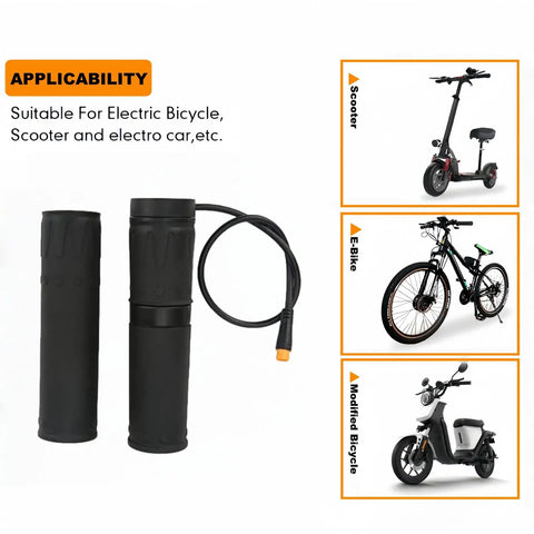 Half Twist Throttle For 22.2mm Handlebar Right Side Plug And Play Universal E Bike And Scooter Throttle Replacement With 3 Pin Waterproof Connector For 12V To 72V Systems, showing components and applicability to scooters and e-bikes.