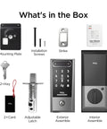Next Level Palm Vein Smart Lock With Heavy Duty Deadbolt For Secure Front Doors kit components including keys, latch, manual.