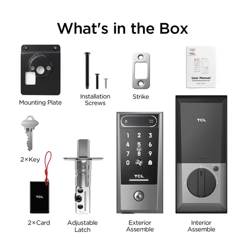 Next Level Palm Vein Smart Lock With Heavy Duty Deadbolt For Secure Front Doors kit components including keys, latch, manual.