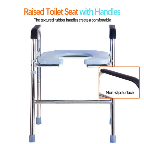 Raised Toilet Seat With Handles For Easy Lift, Standalone Toilet Safety Frame, Elevated Riser Fits Most Toilets, No Slip Grip