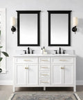 Bathroom vanity with double sinks, two mirrors, and black fixtures. All In One Cabinet And Furniture Paint In Bone Off White Gallon With Built In Primer And Top Coat No Sanding Needed Velvet Sheen Finish For Interior And Exterior Includes 30 Featured Color Card For Easy Color Preview.