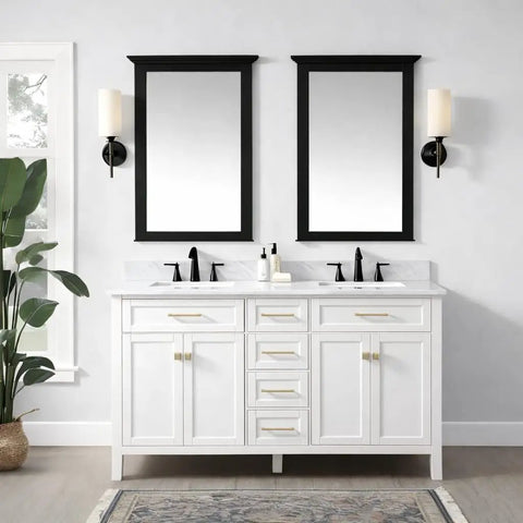 Bathroom vanity with double sinks, two mirrors, and black fixtures. All In One Cabinet And Furniture Paint In Bone Off White Gallon With Built In Primer And Top Coat No Sanding Needed Velvet Sheen Finish For Interior And Exterior Includes 30 Featured Color Card For Easy Color Preview.