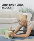 Premium Soft Foam Yoga Blocks For Pilates And Meditation Lightweight Odorless Cushioned Supports For Stretching Toning and Daily Fitness Killer Comfort Mint Green Two Pack shown during a yoga stretch.