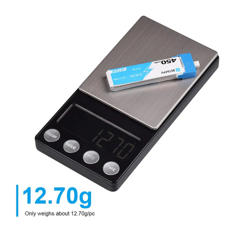 BT2.0 450mAh 1S LiPo Battery with BT2.0 Connector on scale, weighs 12.70g, for Tiny Whoop Drones, 3.8V 30C To 60C Discharge.