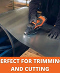 Person using cordless sheet metal shears for distortion-free cutting up to 16 gauge, compatible with AMPShare and Bosch 18V battery.