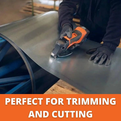 Person using cordless sheet metal shears for distortion-free cutting up to 16 gauge, compatible with AMPShare and Bosch 18V battery.