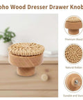 Boho Rattan Dresser Knobs Set With Natural Wood Cabinet Hardware And Handwoven Wicker Drawer Pulls shown in close-up