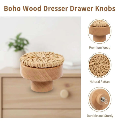 Boho Rattan Dresser Knobs Set With Natural Wood Cabinet Hardware And Handwoven Wicker Drawer Pulls shown in close-up