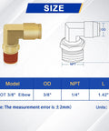 Diagram showing the 5 Pack Pro Grade Three Eighths Inch Brass Air Brake Line Push To Connect Fittings With Ninety Degree Elbow dimensions.